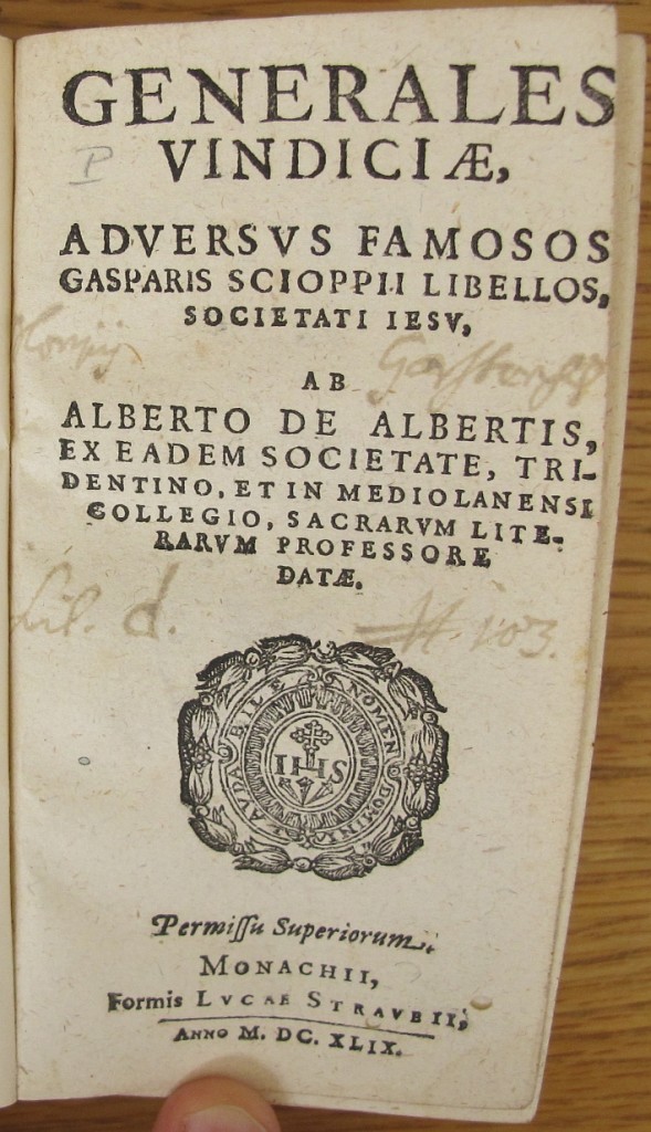 Alberto Alberti, Generales Vindiciae. Titelblatt mit Garstener Besitzvermerk (Linz, Oberösterreichische Landesbibliothek I-61511)